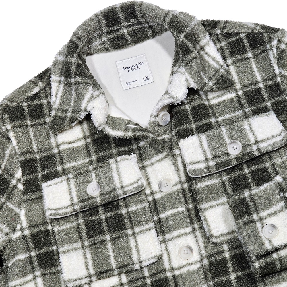 Abercrombie & Fitch Shacket Womens M Gray Green Plaid Sherpa Faux Fur Cozy Cabin